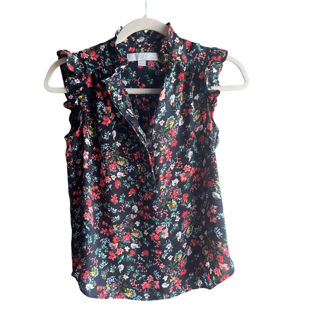 LOFT Floral Petite Sleevelss Shirt with Ruffles Petite XXSP